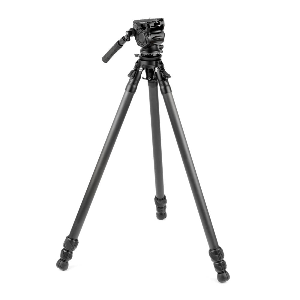 Black camera tripod on a white background