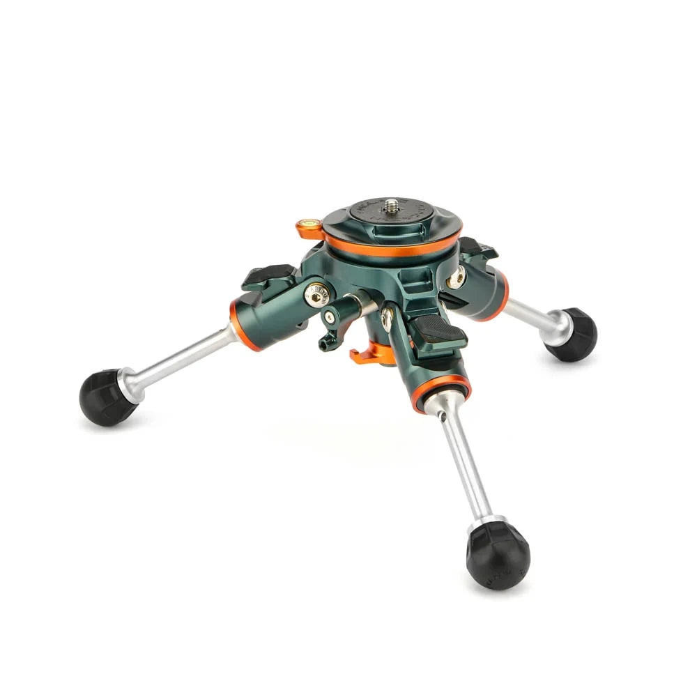 A 3-legged tripod with a dark green anodized aluminum body, silver metal legs, and black rubber feet, accented with orange rings and hardware, shown on a white background.