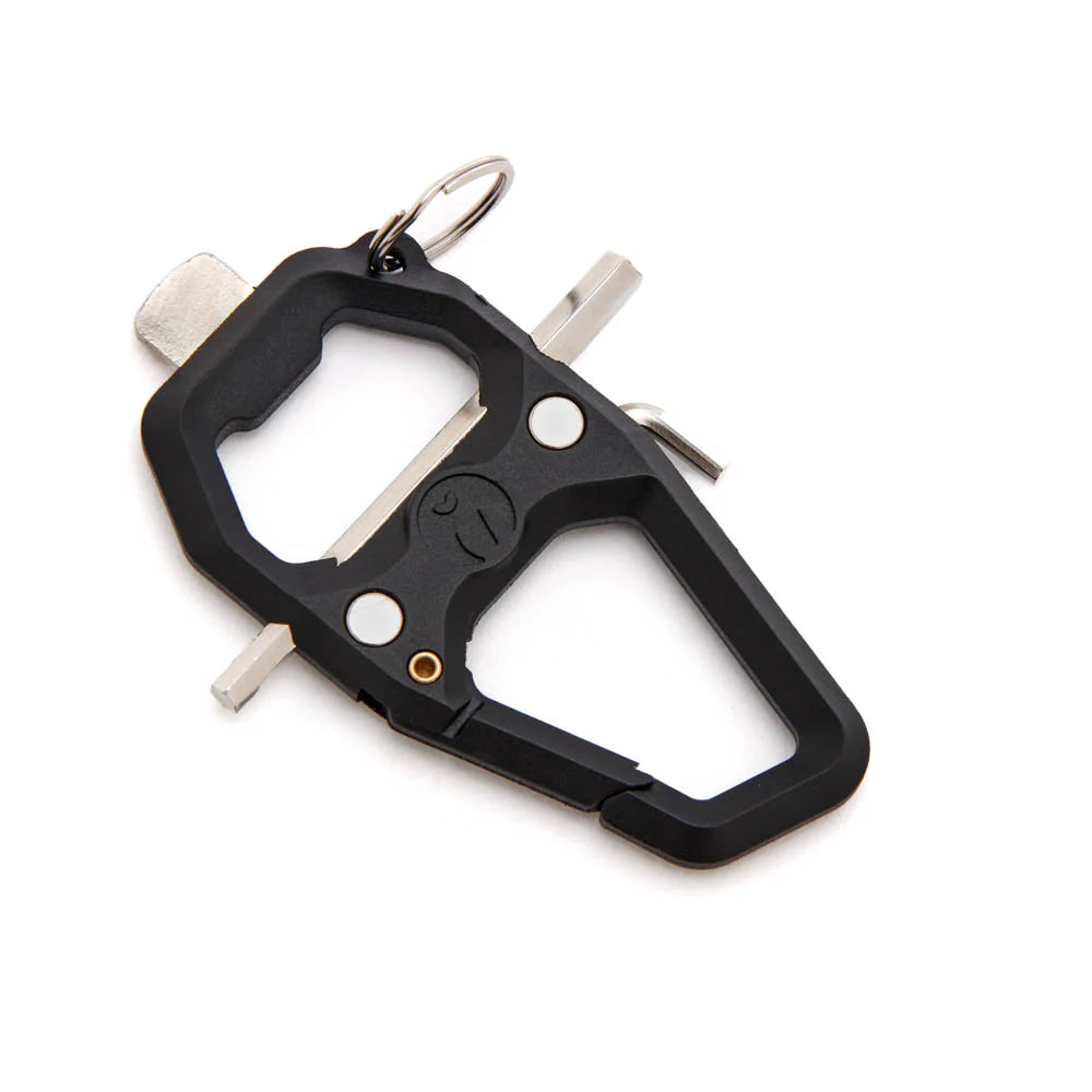 A black multi-tool carabiner keychain with silver metal tools and a key ring, shown on a clean white background.