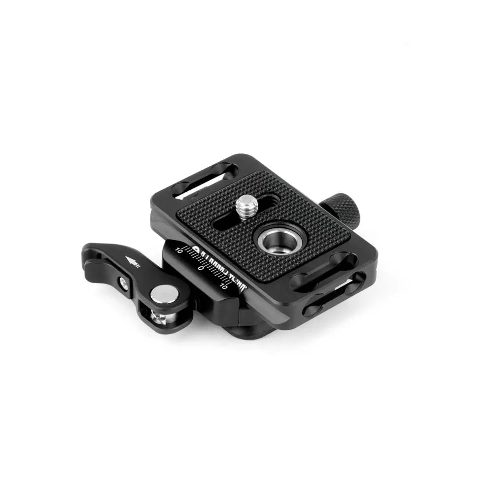 Black camera accessory on a white background