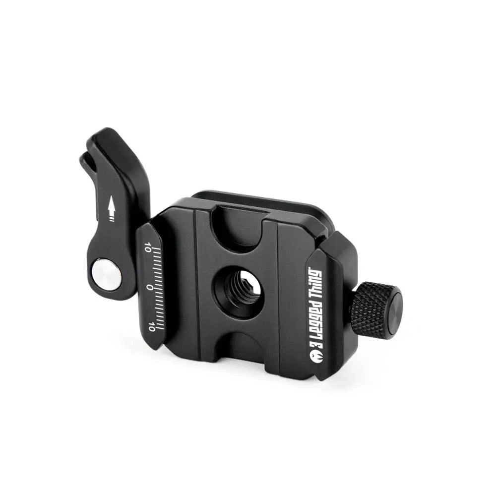 Black camera accessory with adjustable components on a white background