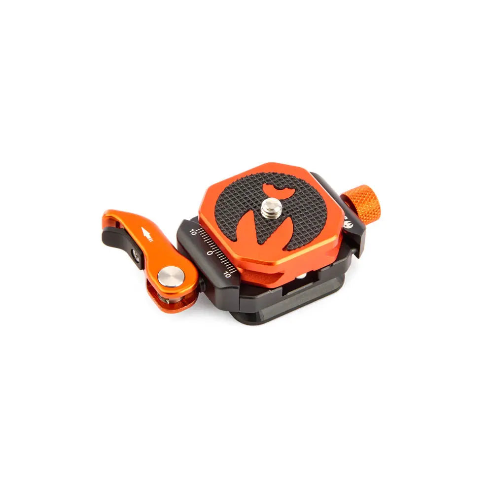 Orange and black mechanical device on a white background
