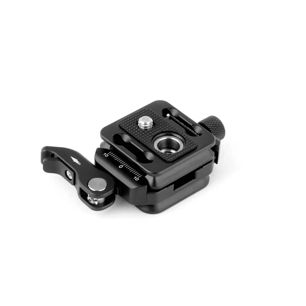 Black metal camera accessory on a white background