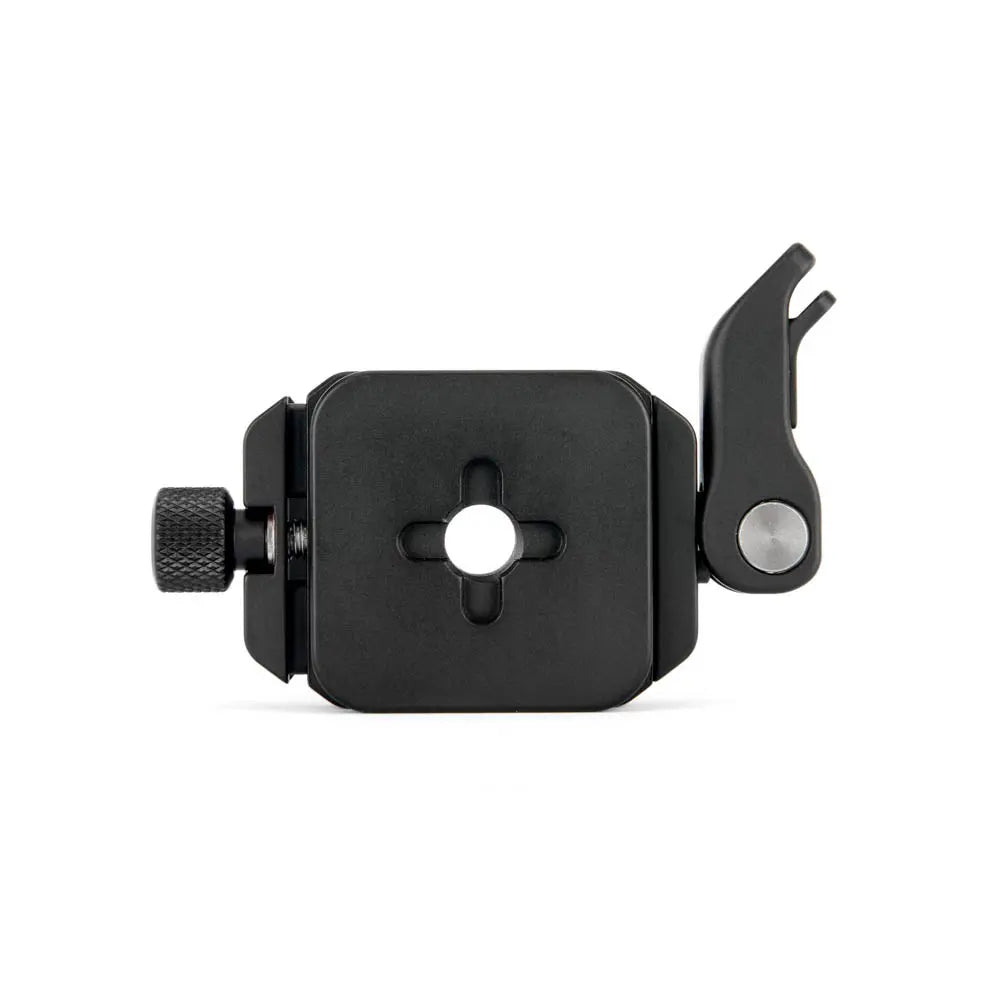 Black metal clamp or holder on a white background