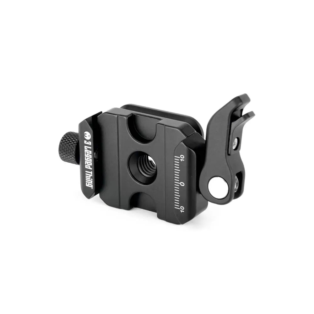 Black camera lens support bracket on a white background