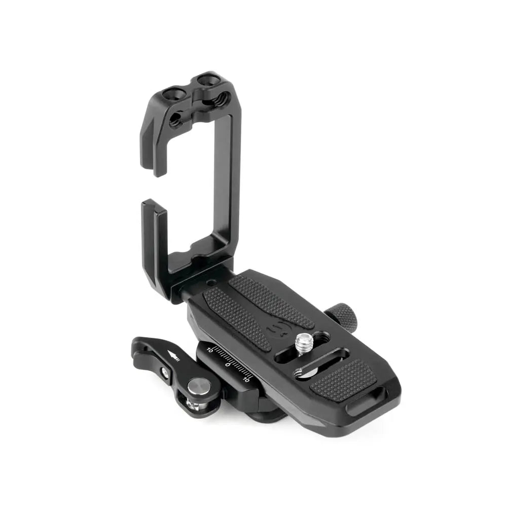Black camera accessory on a white background
