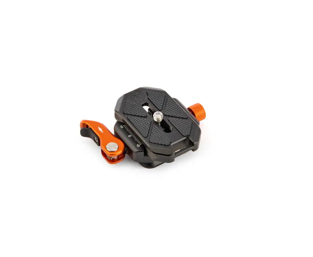 Black and orange camera accessory on a white background
