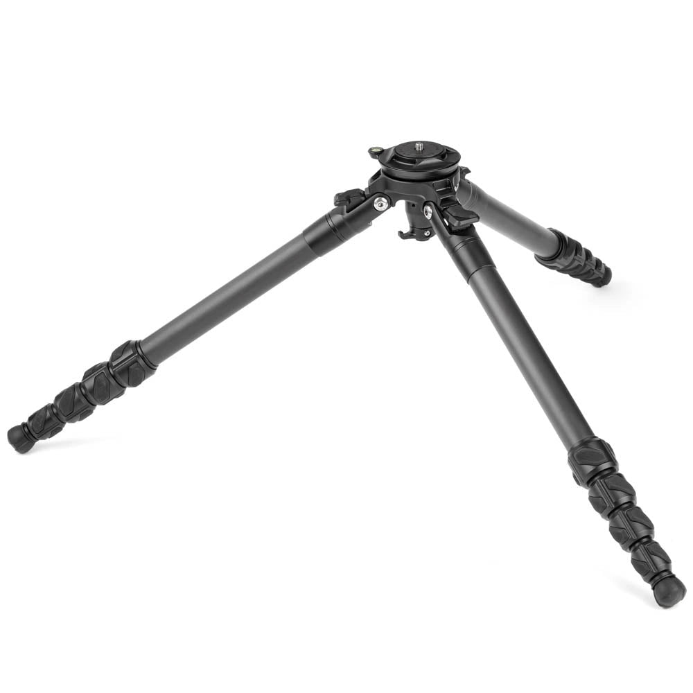 A black carbon fiber tripod with a quick-release head, shown fully extended on a clean white background.