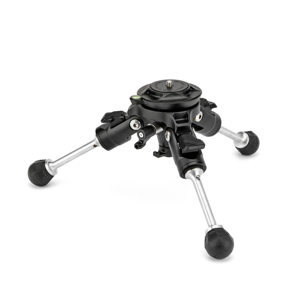 A black and silver tripod base with rubber feet, shown on a clean white background.