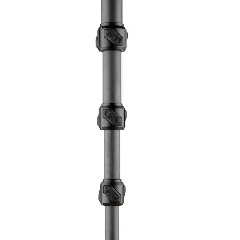 A close-up of a dark gray telescopic pole with three black adjustment collars, shown vertically against a solid white background.