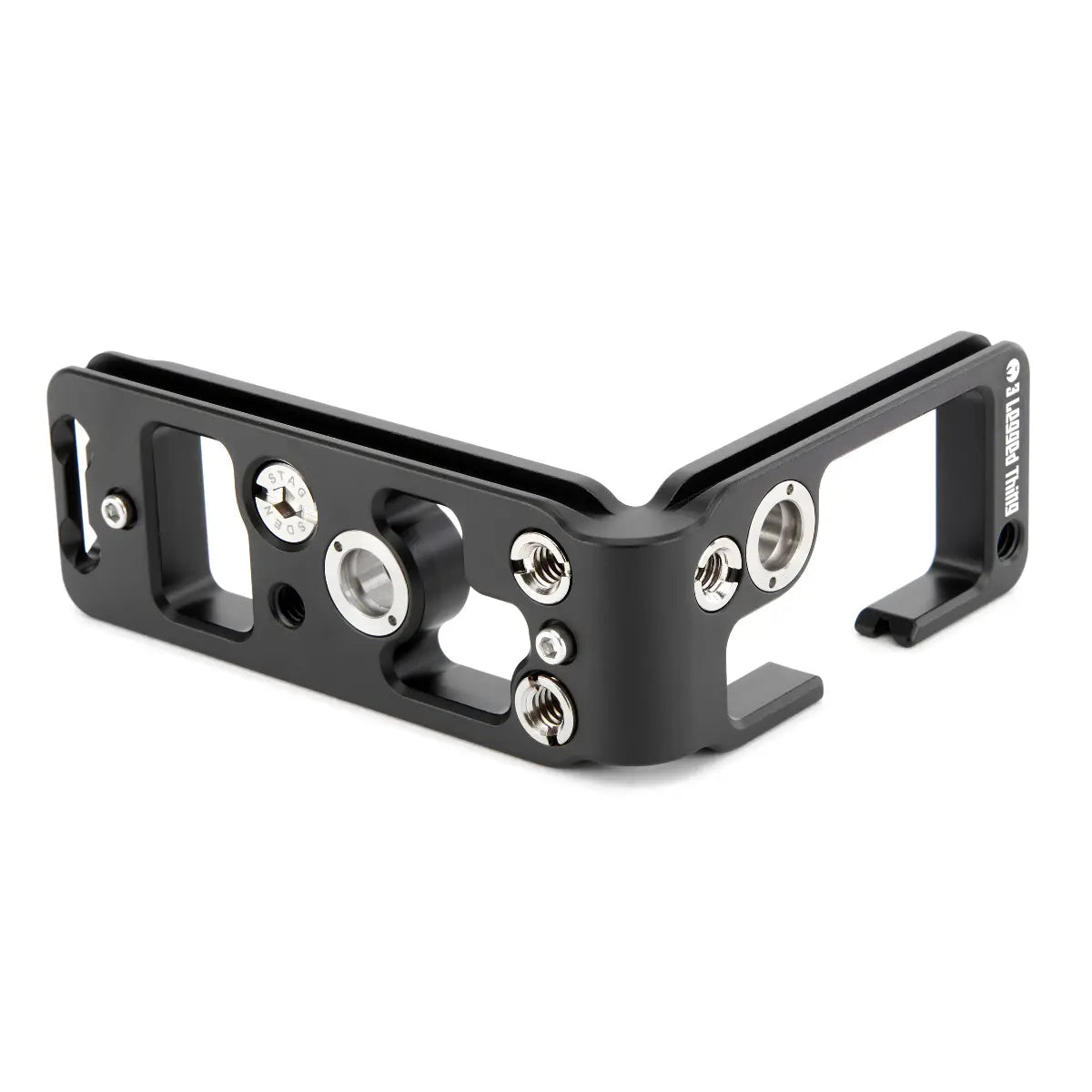 Black metal camera bracket on a white background