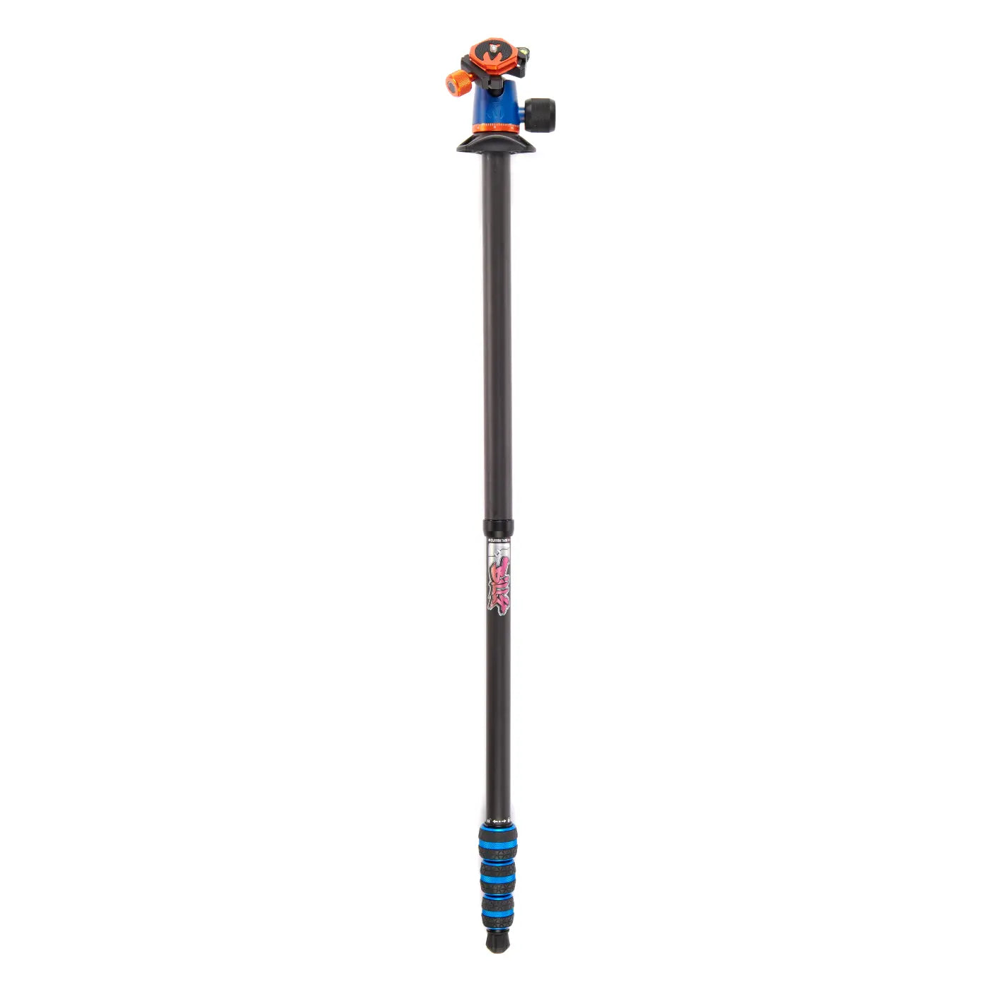 Black adjustable tripod with blue accents on a white background