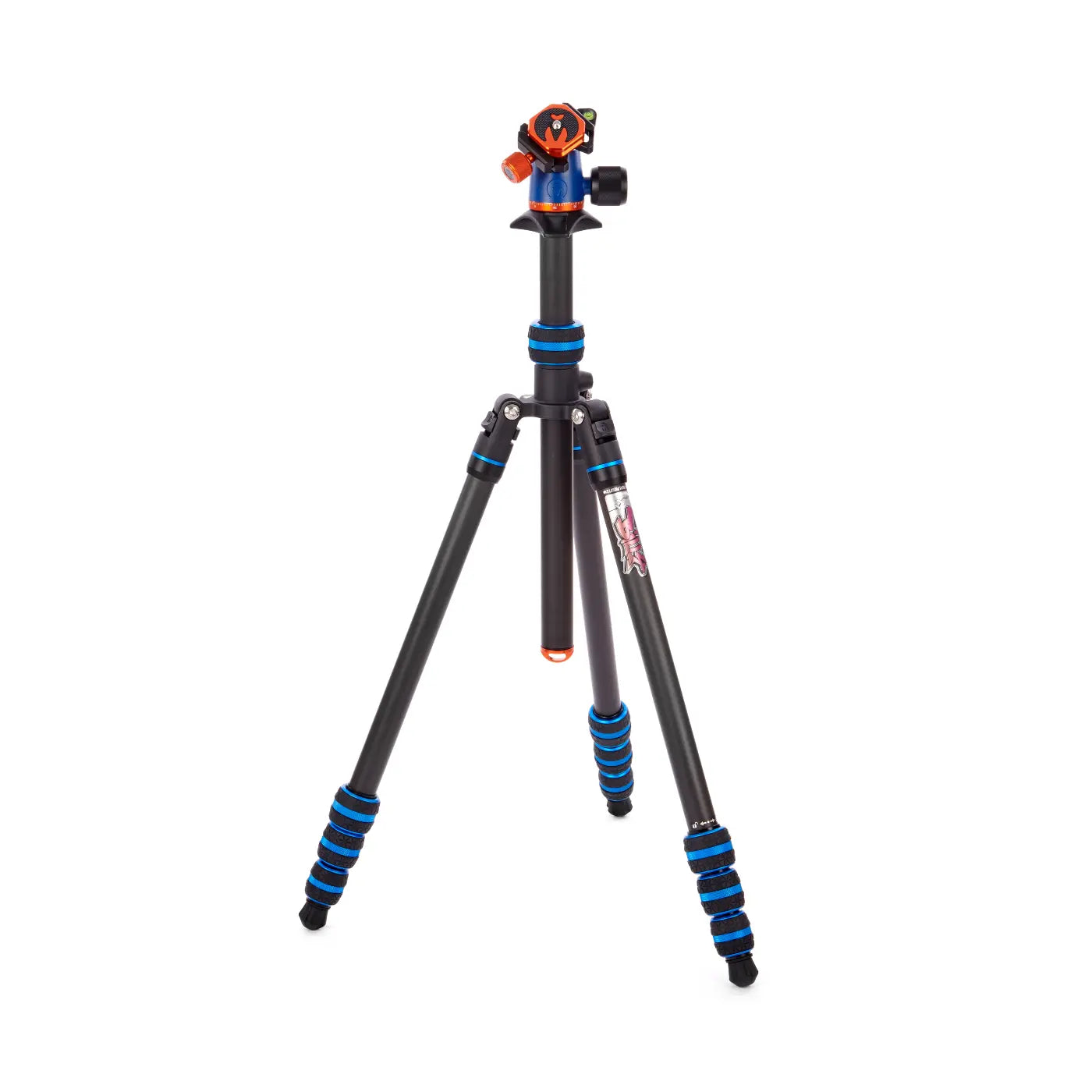 Camera tripod with blue accents on a white background