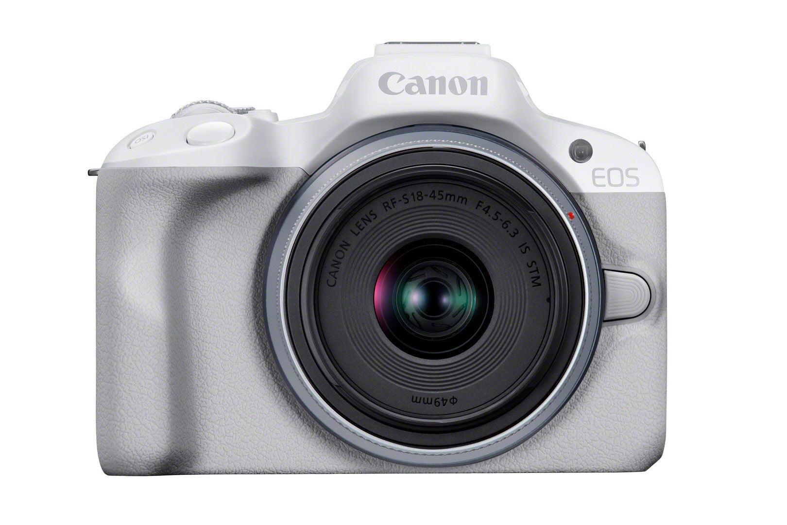 Canon EOS R50 Camera with RF-S 18-45mm Lens Kit - White - Product Photo 1 - Front view of the camera body with the lens attached