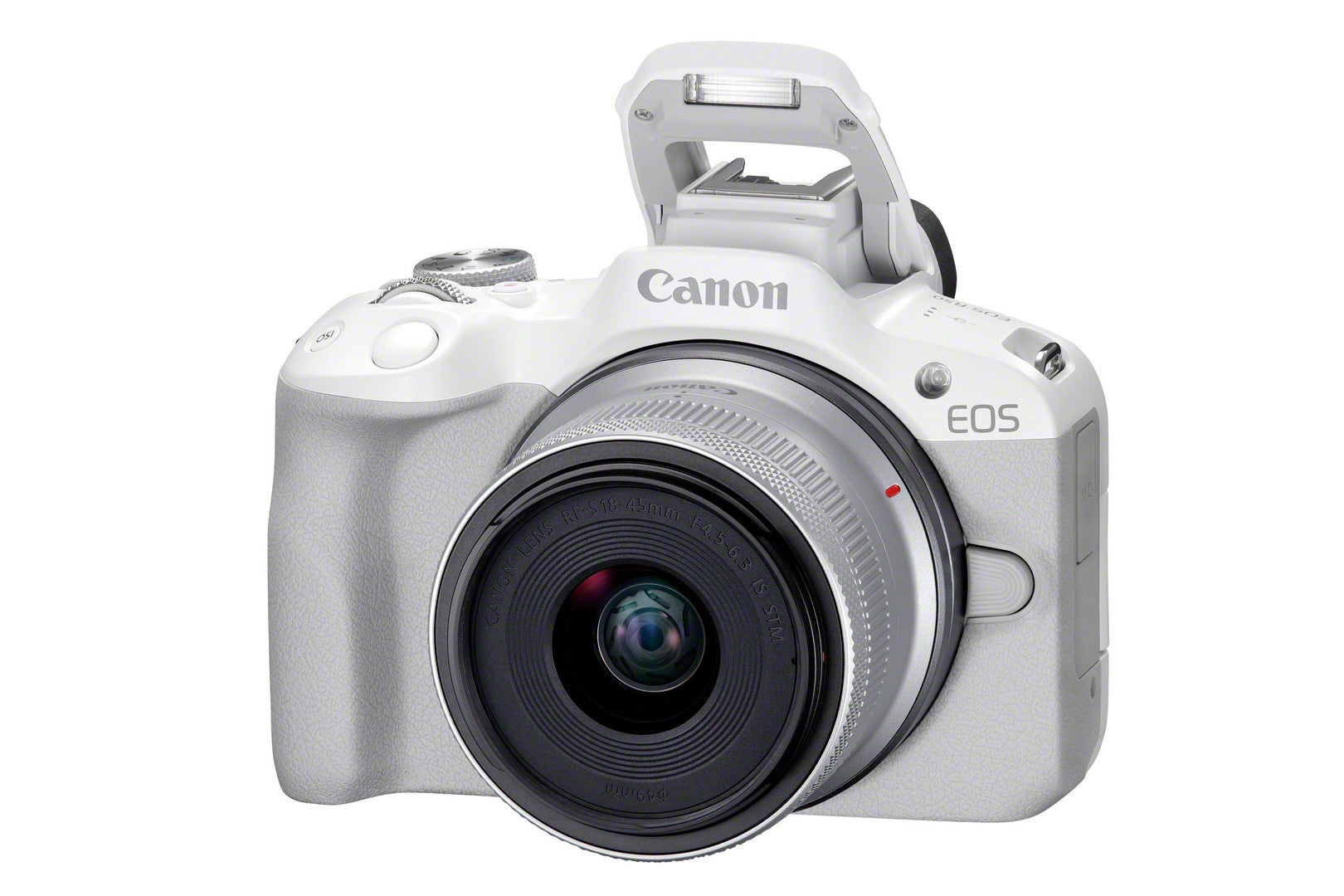 Canon EOS R50 Camera with RF-S 18-45mm Lens Kit - White - Product Photo 4 - Front side view of the camera with the in built flash extended