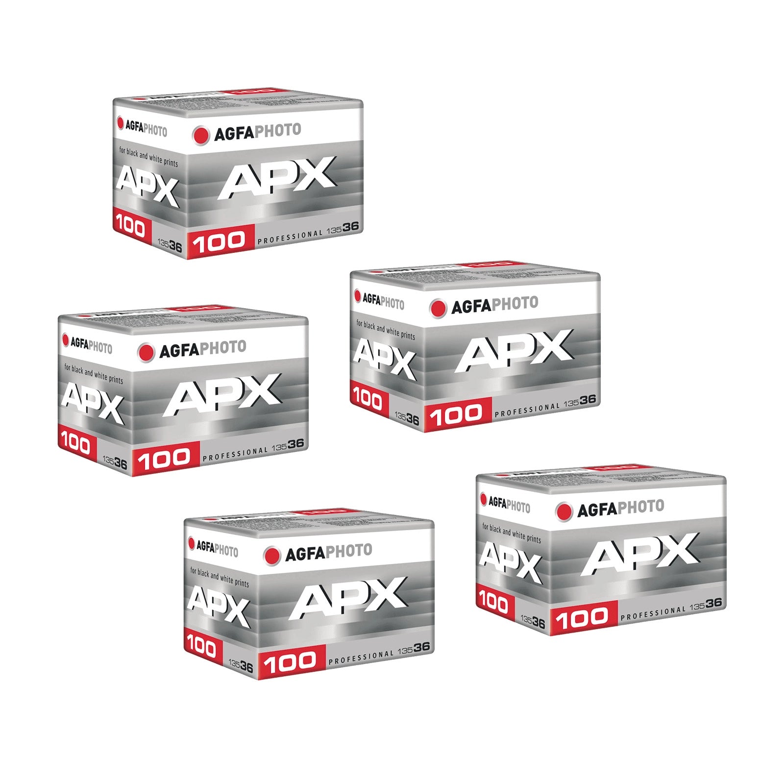 Five boxes of AgfaPhoto APX 100 film on a white background