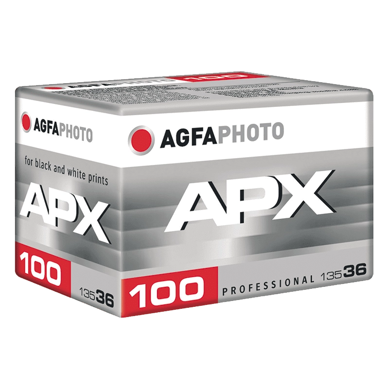 Agfa Photo APX 100 black and white film canister on a white background