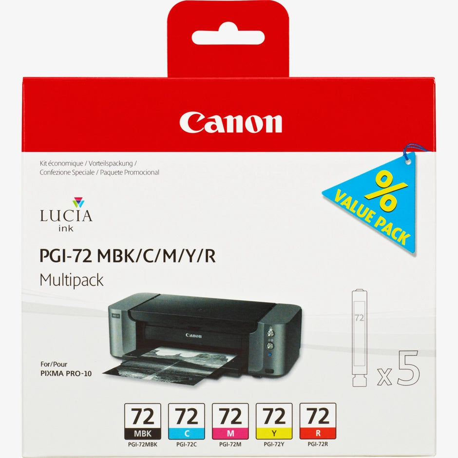 Canon printer ink cartridge multipack packaging with red top and black printer illustration.