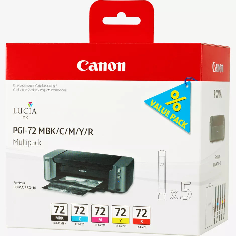 Canon ink cartridge multipack packaging with red top and white body, featuring printer image and ink colors.
