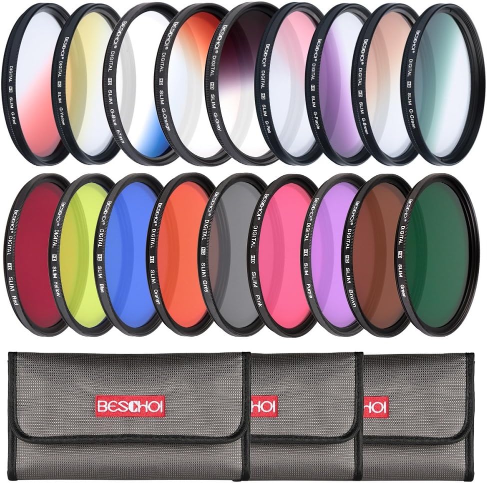 Beschoi 18pcs 58mm Lens Filter kit, Round Filter Set 9pcs Full Color Filter Kit +9pcs Slim Graduated Filter Kit +Filter Pouch
