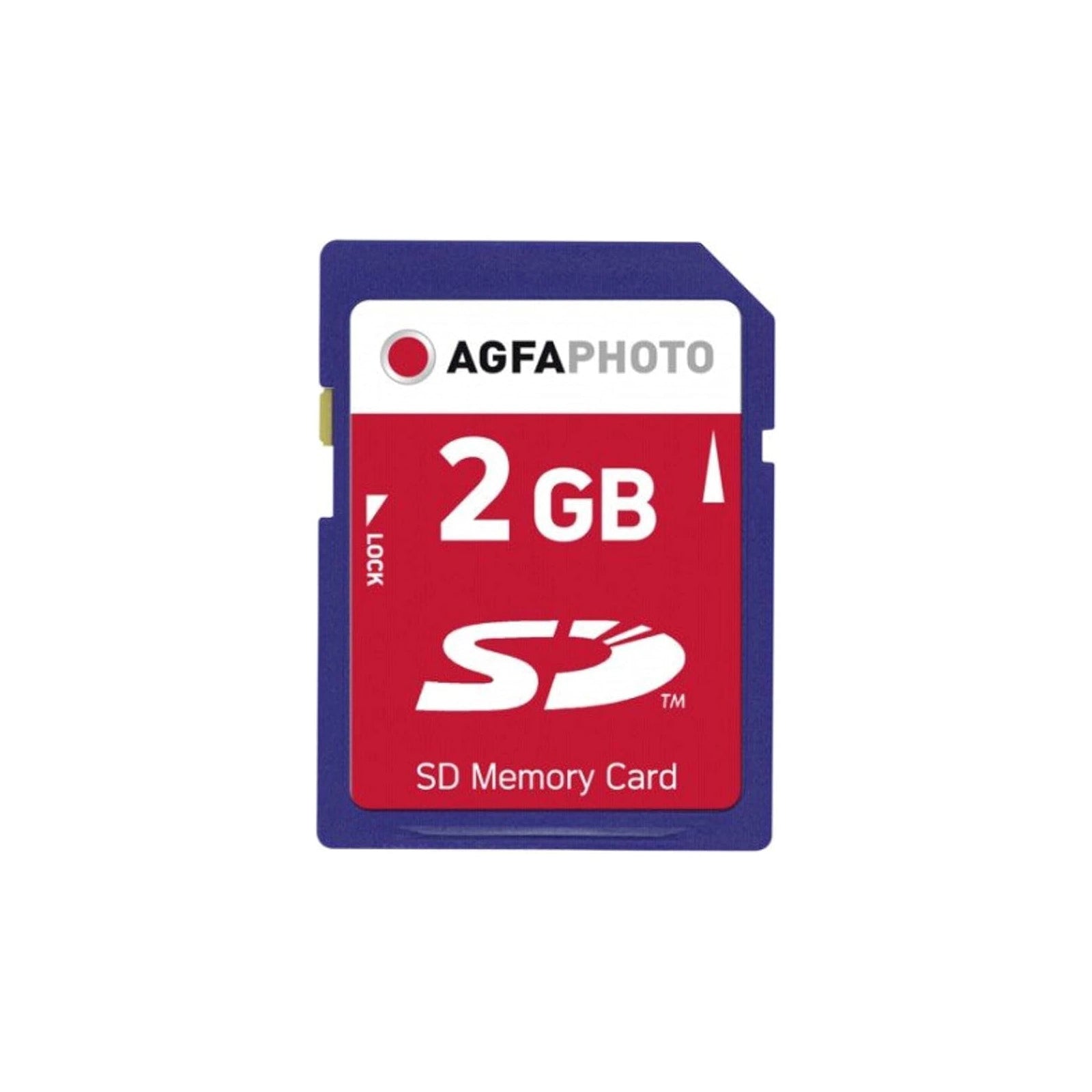 An AGFA Photo SD Memory Card with 2GB capacity, featuring a red and white front label with a blue card body, shown on a plain white background.