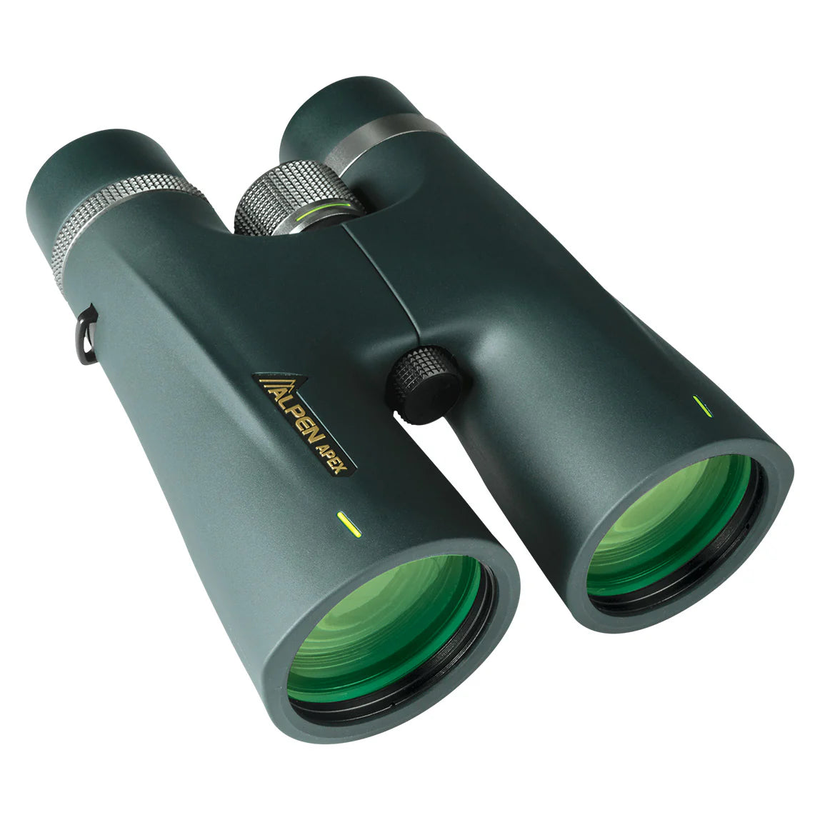 Green binoculars with a visible brand logo on a white background
