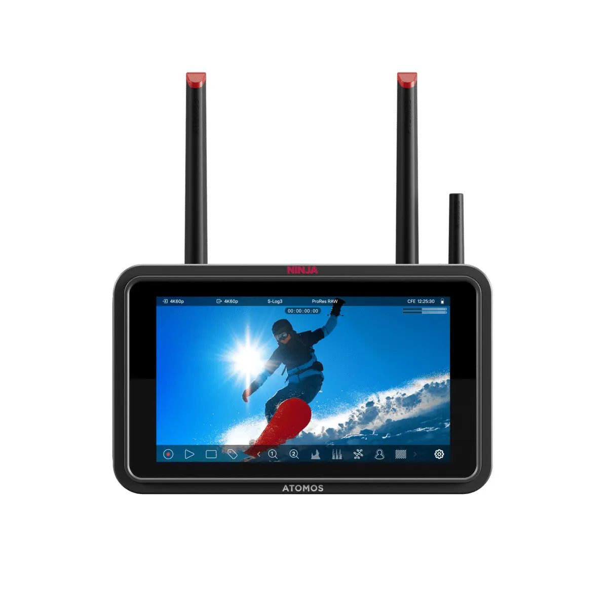 Monitor with antennas displaying a video of a person snowboarding on a screen