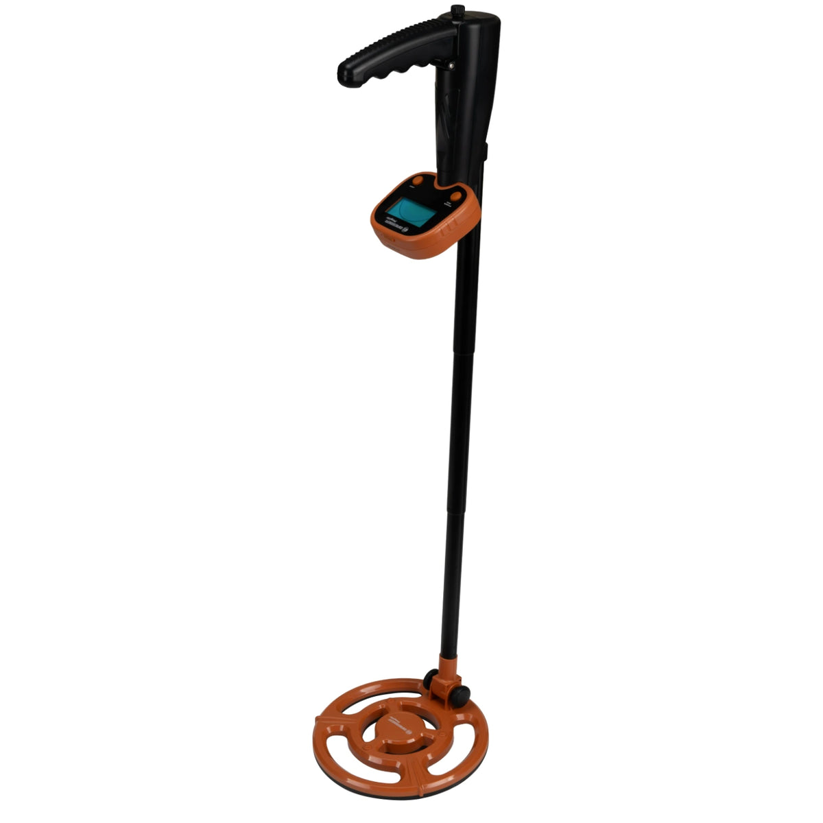 A metal detector with a long black handle, a circular orange-brown coil at the bottom, and an orange-brown control housing with a small display near the top, shown on a plain white background.