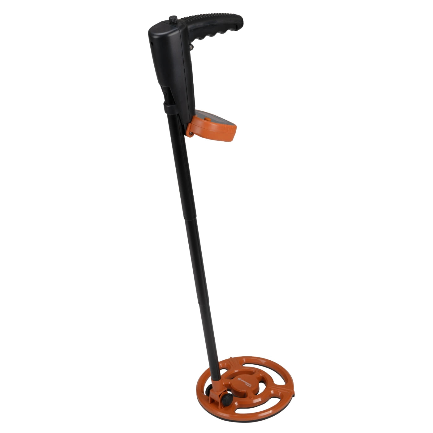 A metal detector with a black handle and shaft, featuring orange accents on the trigger switch and the circular coil at the base, shown against a plain white background.