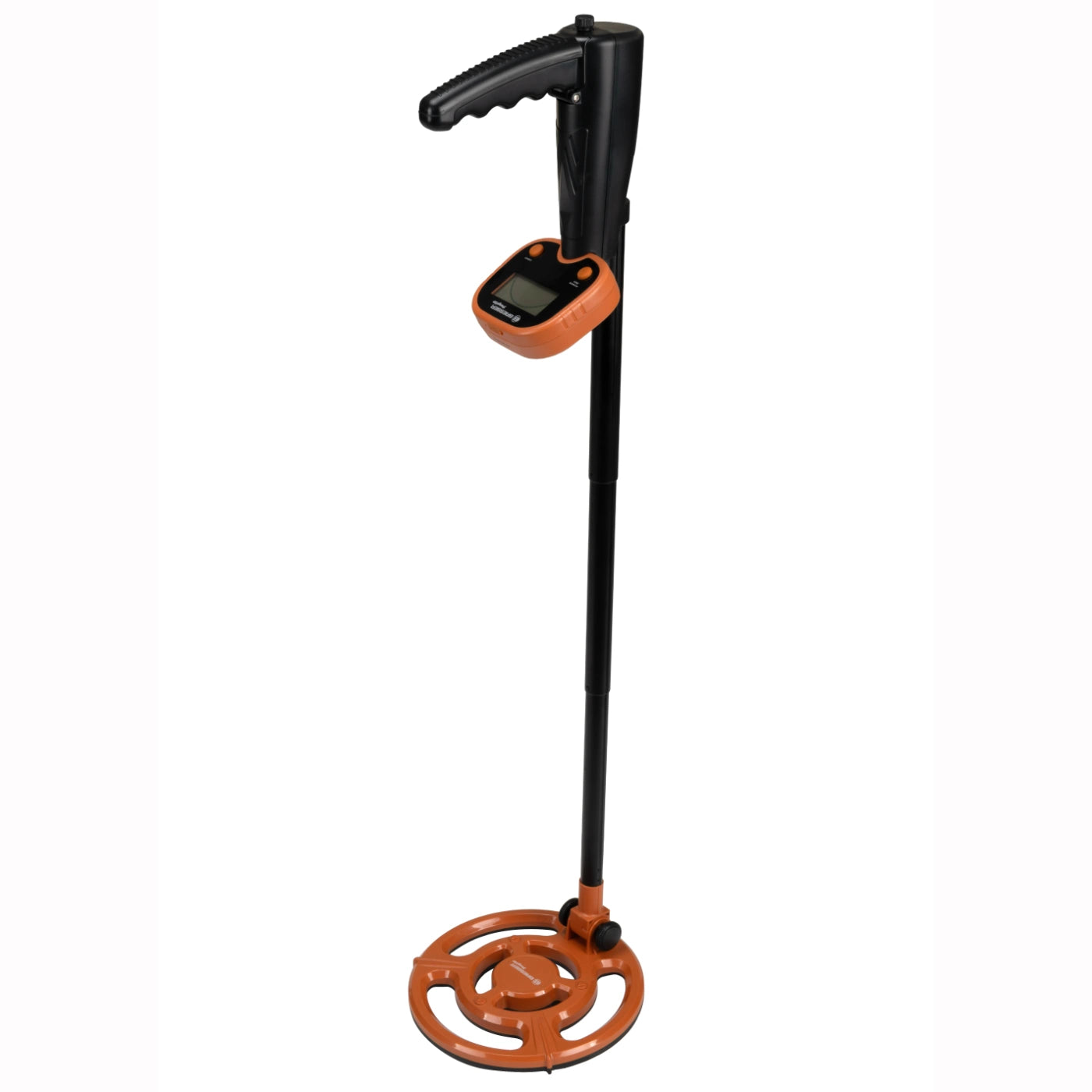 A handheld metal detector with a long black handle, a small digital display, and an orange circular coil at the bottom, shown on a plain white background.