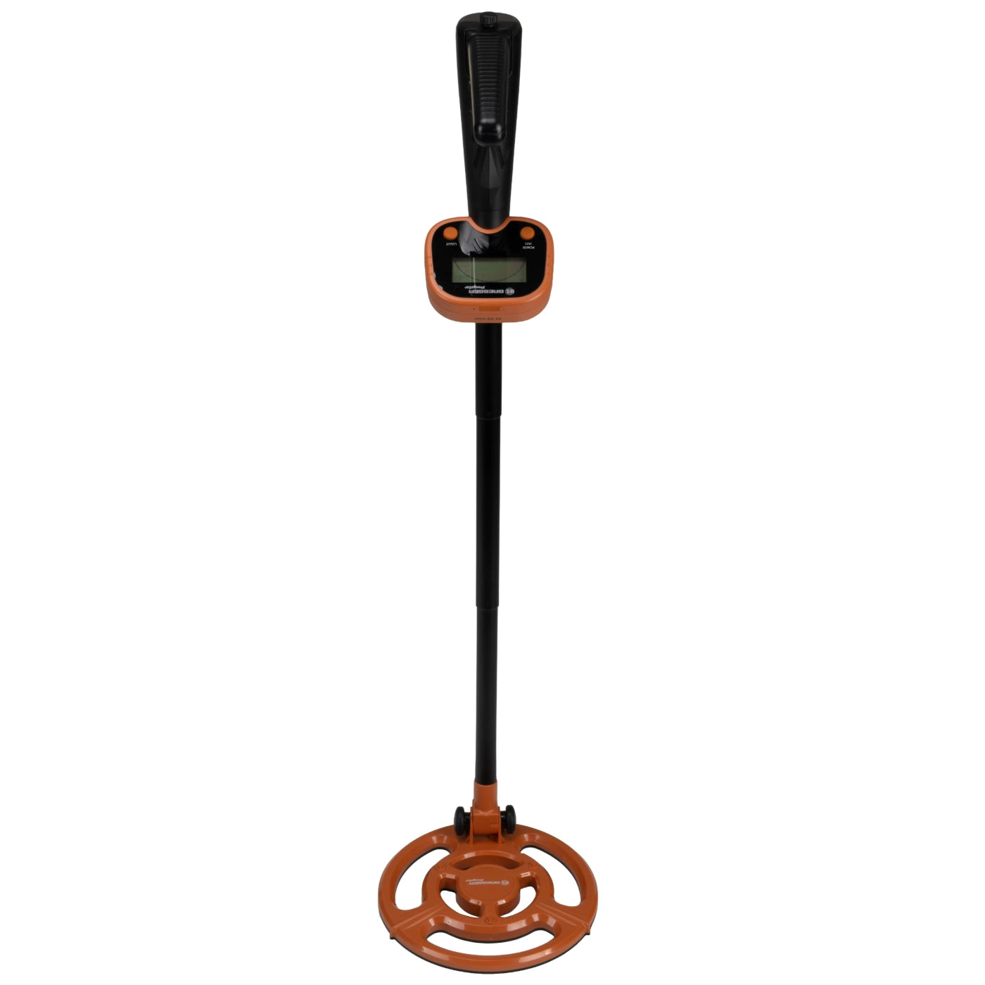 A metal detector with a long black handle, a digital display screen, and a circular orange coil, shown against a plain white background.