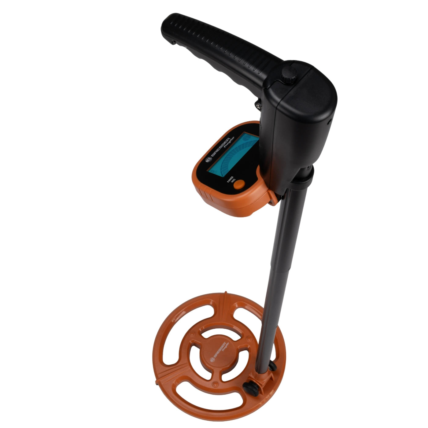A handheld metal detector with a black handle and a circular orange detector coil, featuring an orange housing with a small blue display screen, shown against a plain white background.