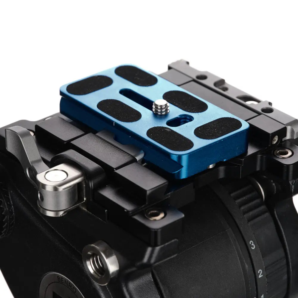 Camera mount with blue plate and black accents on a white background