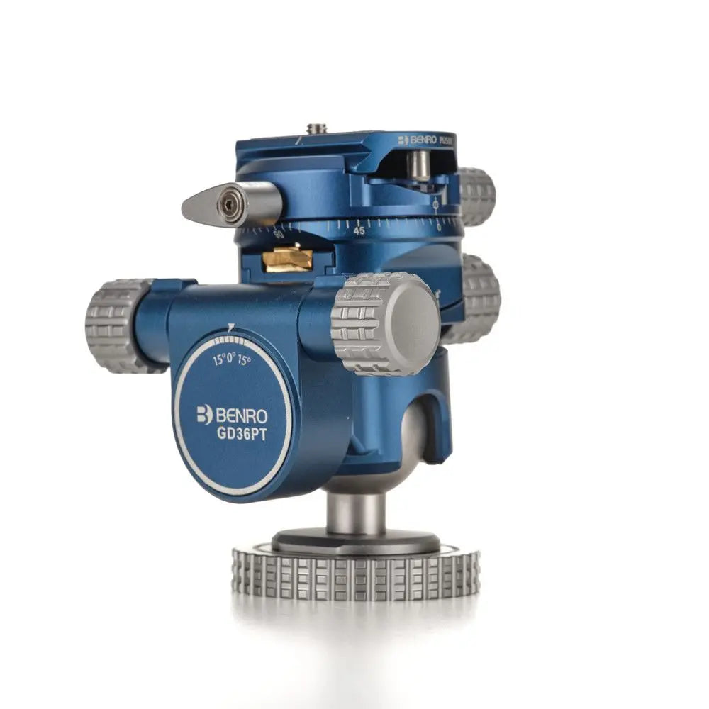 Blue and silver camera leveling device with 'Benro' branding on a white background