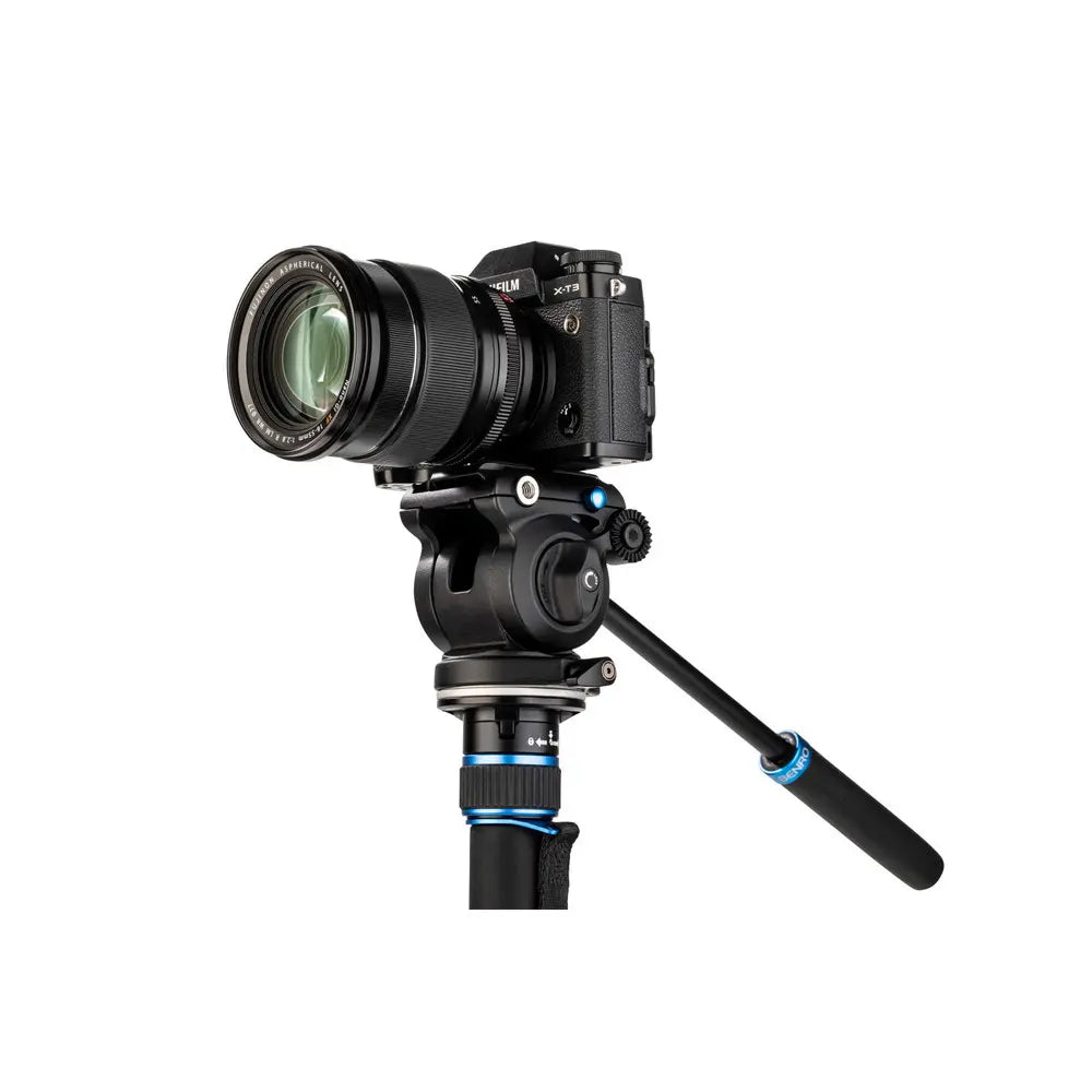 Benro MCT28AF Alu Connect Monopod Kit - Lever Leg Lock - 3 Leg Base - S2PRO Head close up of camera on head