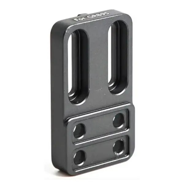 Black metal bracket with multiple holes on a white background