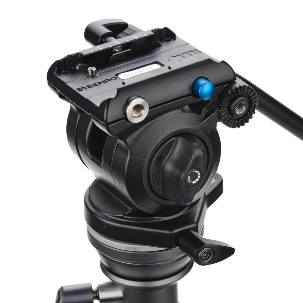 Camera tripod head with brand logo on a white background