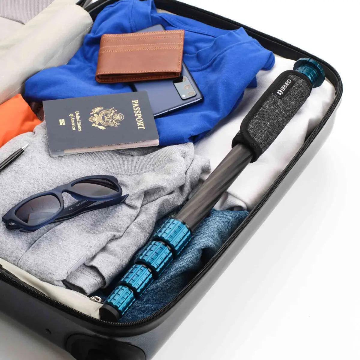 Benro Super Slim 09C Carbon Monopod inside suitcase