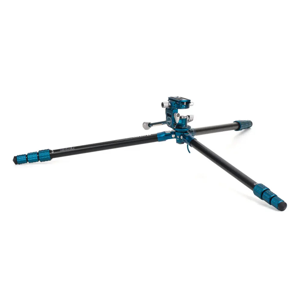 Camera tripod with blue accents on a white background