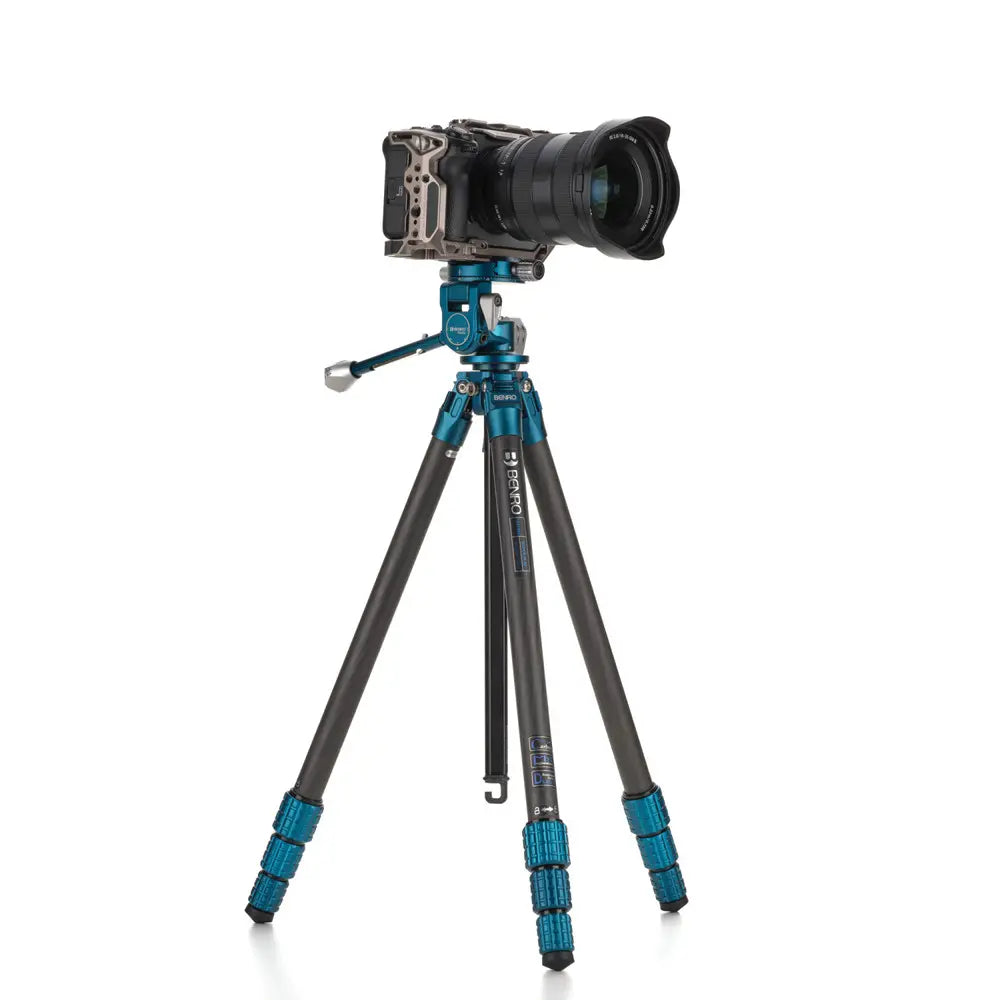 Camera on a tripod with blue accents on a white background