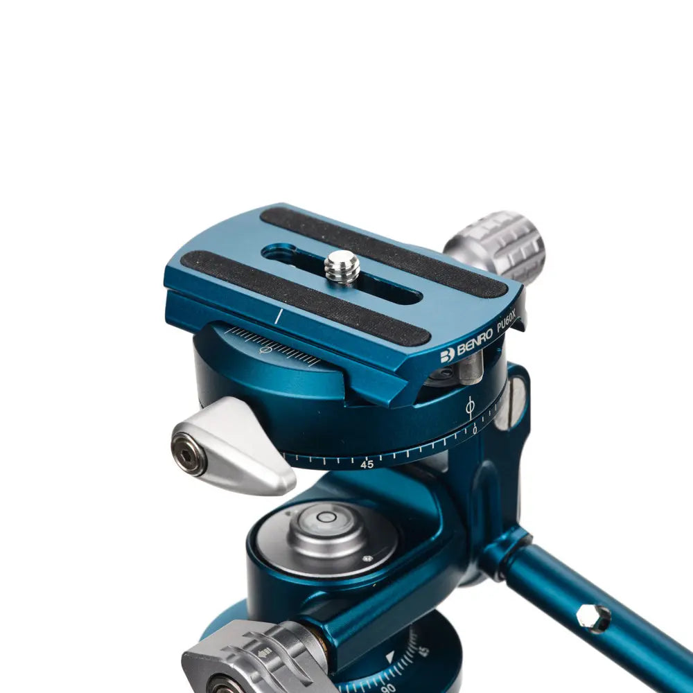 Blue camera tripod head with brand name on a white background