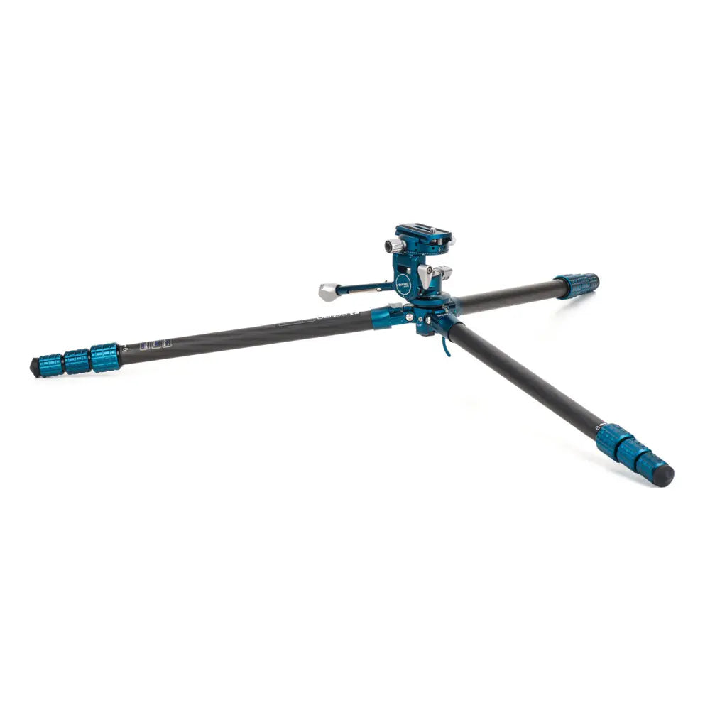 Telescopic tripod with blue accents on a white background