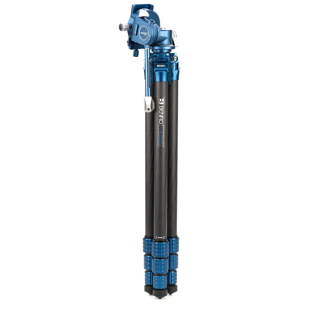 Blue and black tripod on a white background
