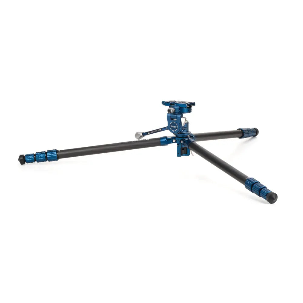 Camera tripod with blue accents on a white background