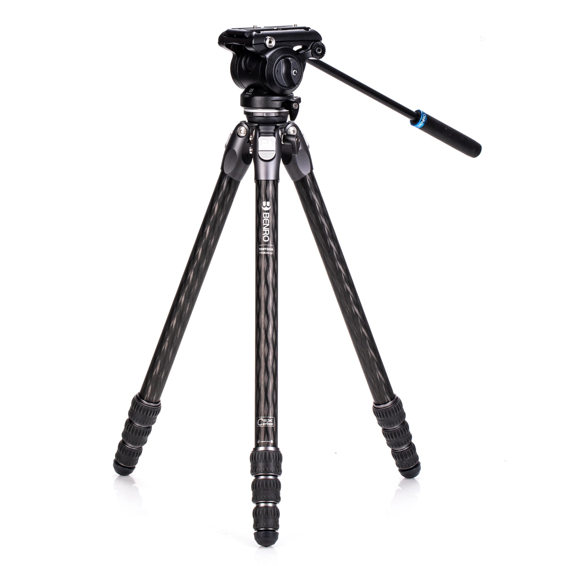 Benro Tortoise 24CLV Carbon Fibre Video Tripod with S4PRO Video Head Kit side angle with head attached