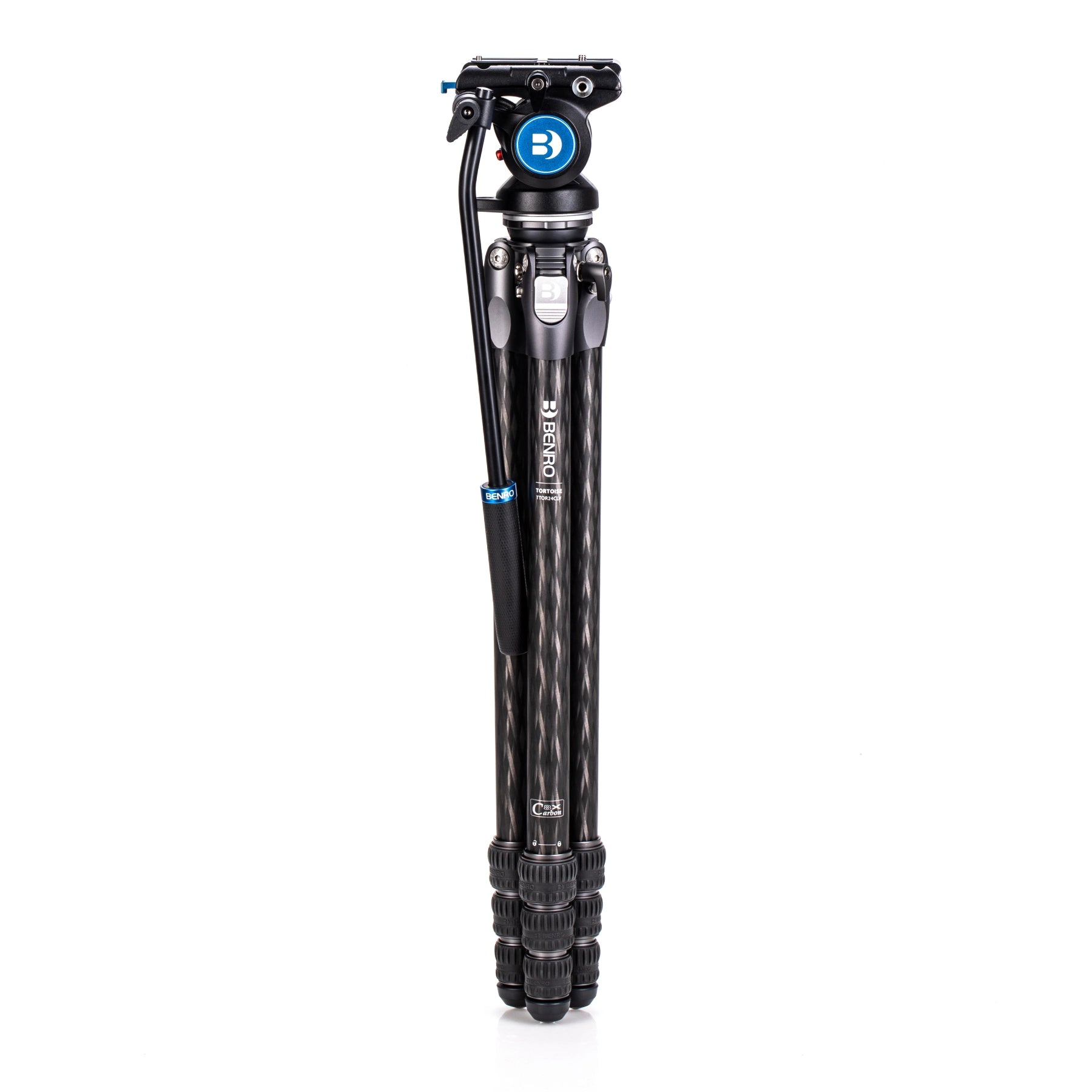 Benro Tortoise 24CLV Carbon Fibre Video Tripod with S4PRO Video Head Kit side angle with legs folded in