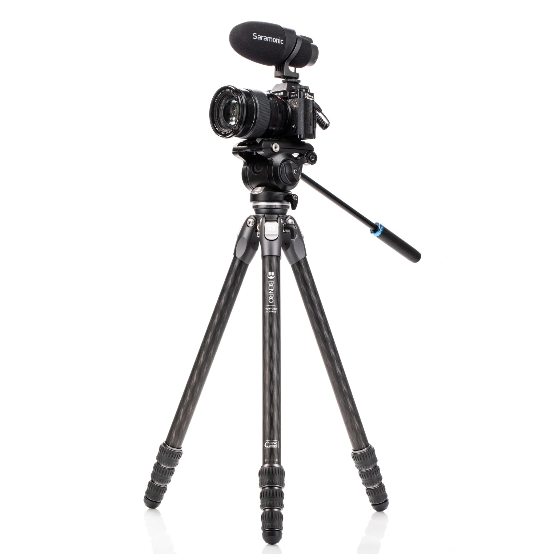 Benro Tortoise 24CLV Carbon Fibre Video Tripod with S4PRO Video Head Kit side angle with camera attached