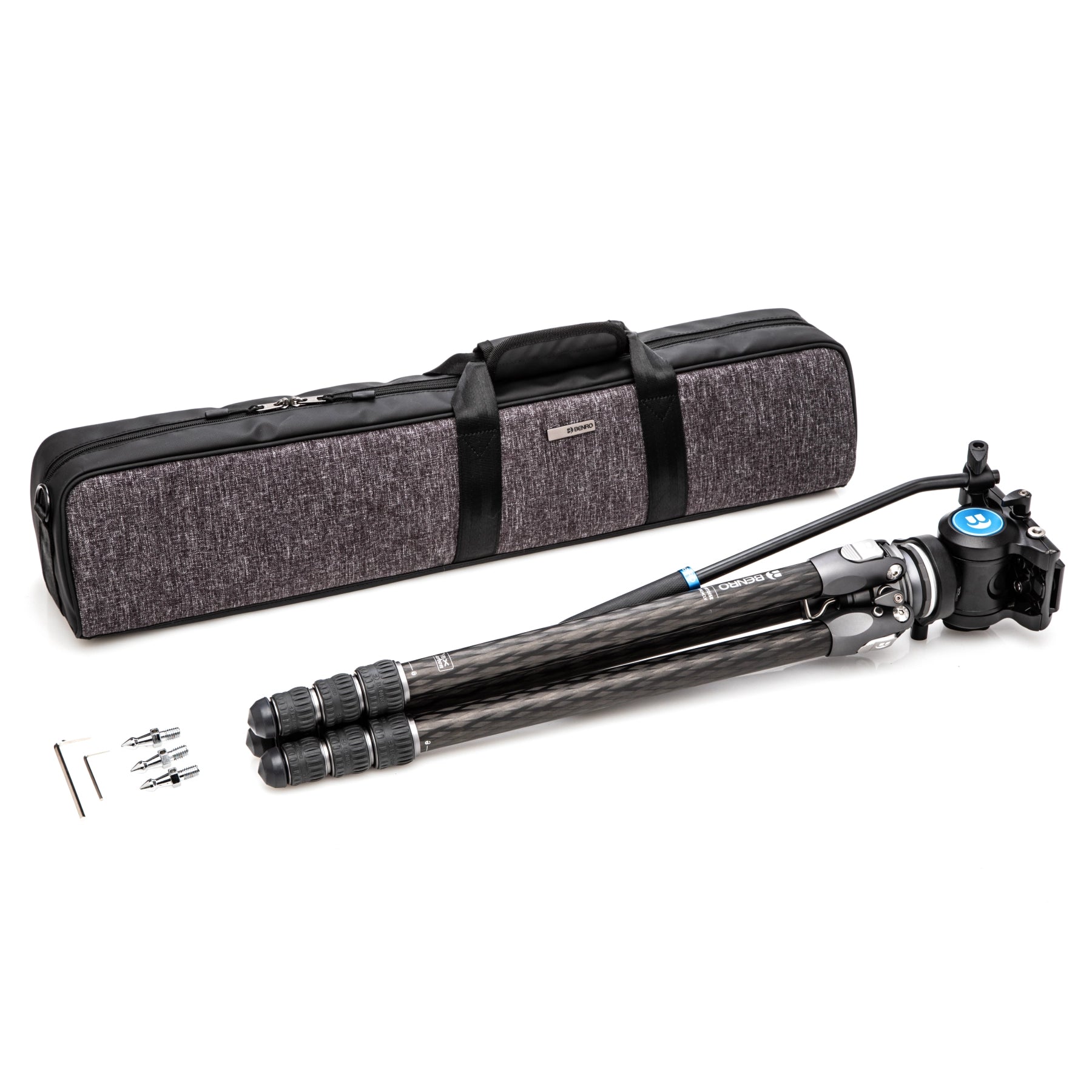 Benro Tortoise 24CLV Carbon Fibre Video Tripod with S4PRO Video Head Kit side angle of tripod case