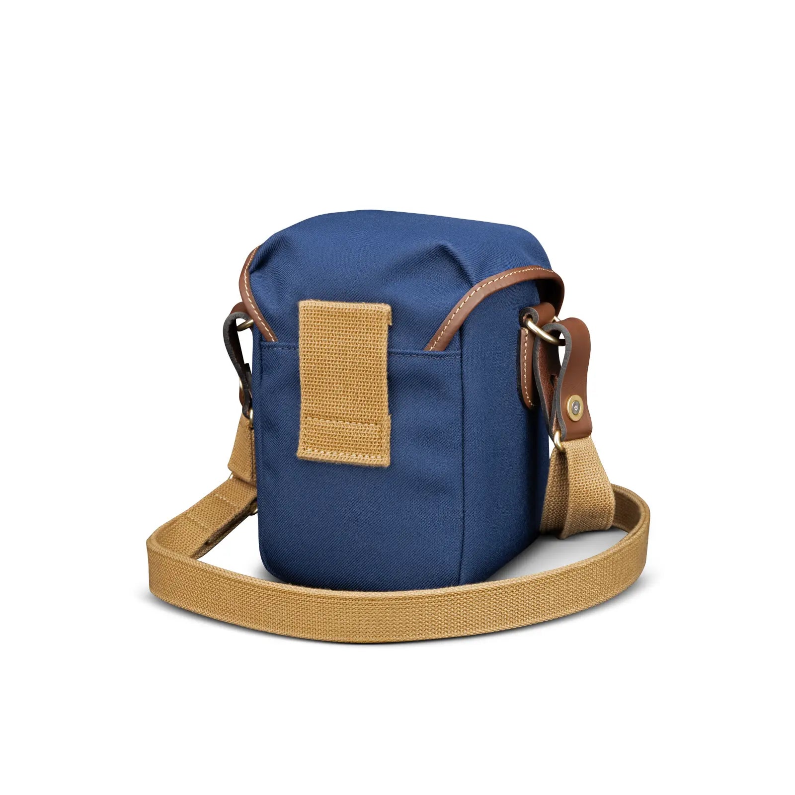 Blue bag with a brown strap on a white background