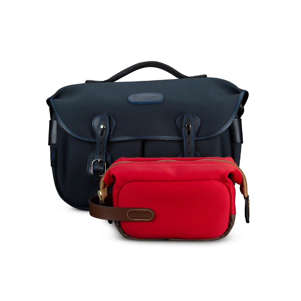 Navy and red bags on a white background